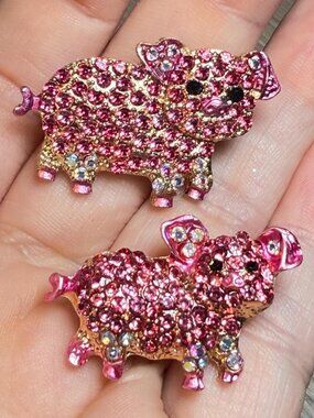 Pig Brooches Set of 2 Pink Rhinestone Enamel Modern Pins